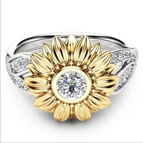 NEW 18K YELLOW&WHITE GOLD DIAMOND SUNFLOWER RING - Picture 2 of 3